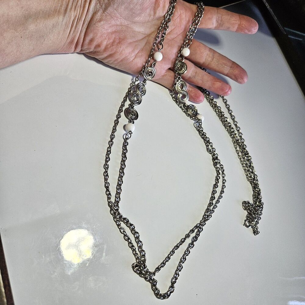 Silver Tone Long Layered Necklace White Bead Accents 44"
